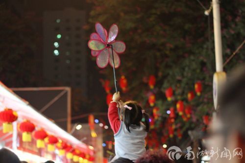 广州花市，对于小朋友，最快乐的就是拿着风车在爸爸的肩头逛花市。