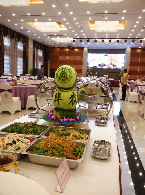 图一：2015年全国伙专会期间，国交厨师长雕刻的华农校徽和华农欢迎您！