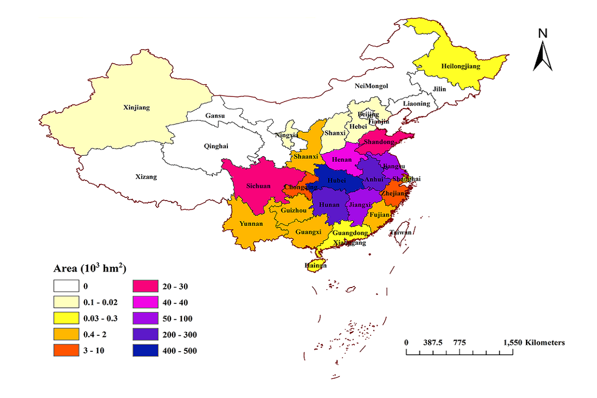 图1 中国稻虾模式的面积分布