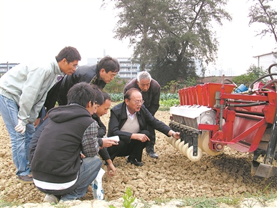 国家水稻产业技术体系岗位专家、中国工程院院士、华南农业大学教授罗锡文（右二）在进行机器实验田间讨论 （华南农业大学 供图）