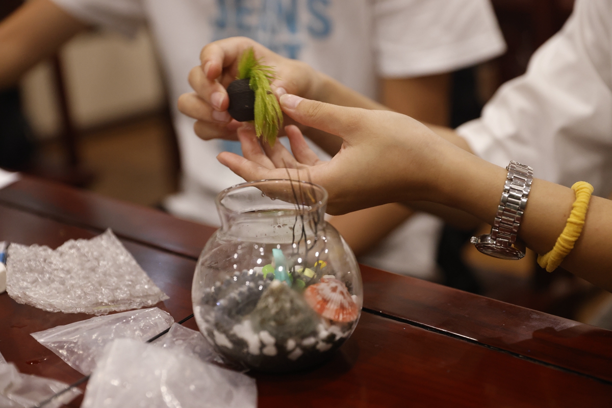 参加活动的同学将水草放进生态瓶（学通社摄影记者 杨怡 摄）