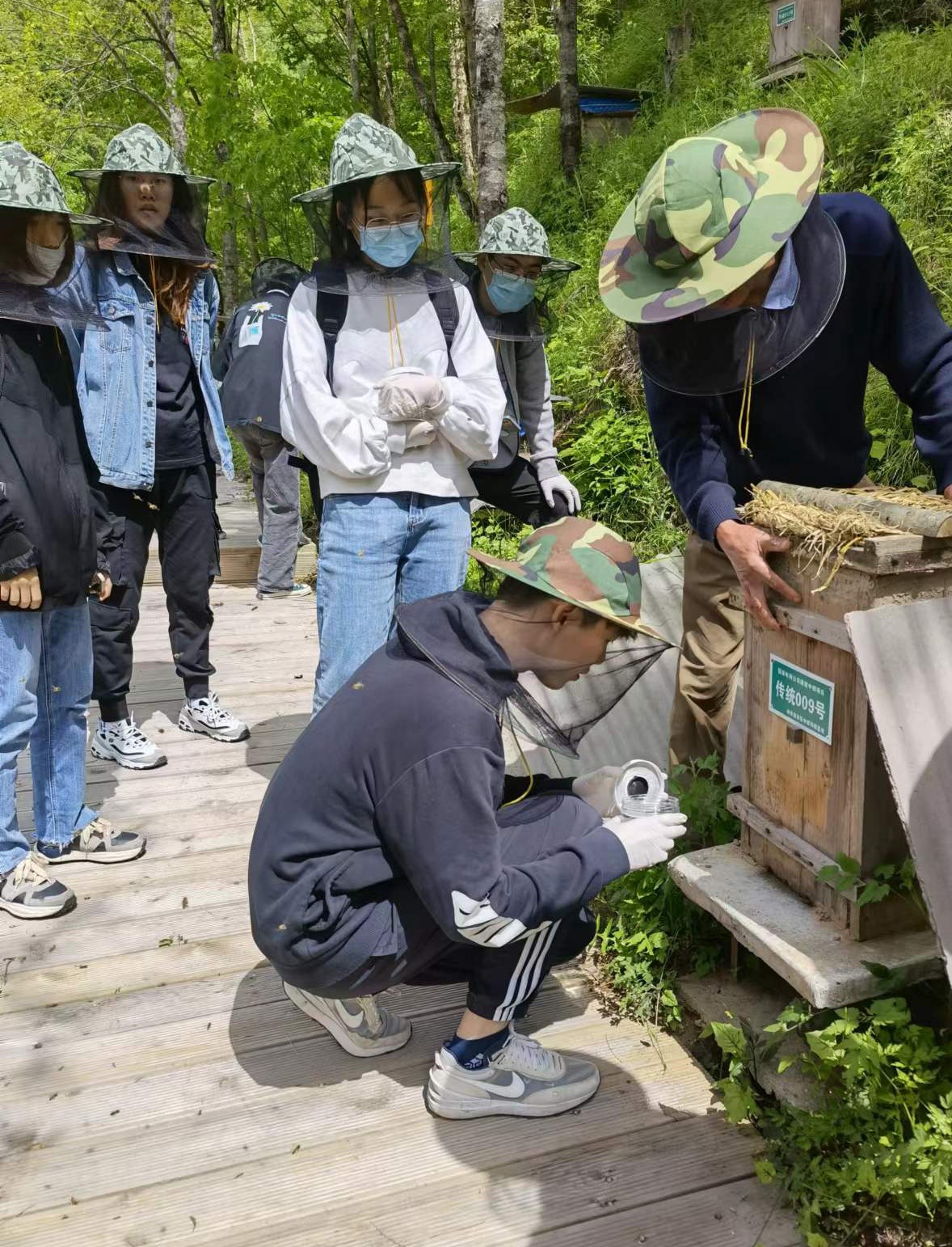 实践团队成员冯小娟同学向蜂农示范人工育王操作（李翔 供图）