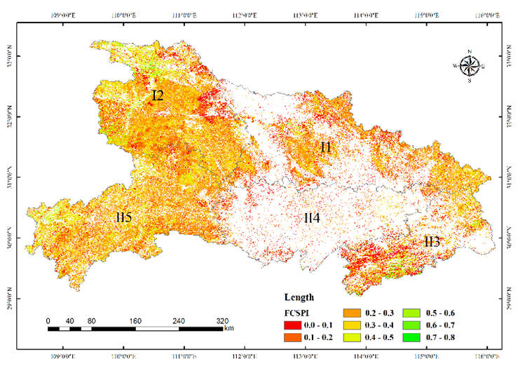 图2.在第8次（2009-2013年）森林调查中，森林碳汇潜力指数（FCSPI）的在不同植被带的空间分布图，其中I1代表大别山桐柏山低山丘陵植被区，I2代表鄂西北山地丘陵植被区，II3代表鄂东南低山丘陵植被区，II4代表江汉平原湖泊植被区，II5代表鄂西南山地植被区。地图中已排除无森林覆盖的区域。