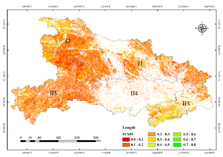 图3. 2030年森林碳汇潜力指数（FCSPI）在不同植被带中的空间分布，其中I1代表大别山桐柏山低山丘陵植被区，I2代表鄂西北山地丘陵植被区，II3代表鄂东南低山丘陵植被区，II4代表江汉平原湖泊植被区，II5代表鄂西南山地植被区。