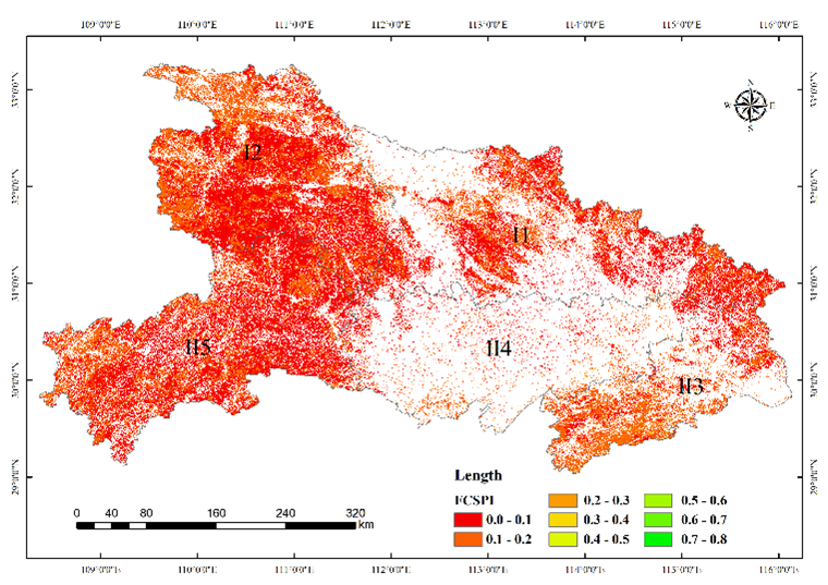 图4. 2060年森林碳潜力指数（FCSPI）在不同植被带中的空间分布，其中I1代表大别山桐柏山低山丘陵植被区，I2代表鄂西北山地丘陵植被区，II3代表鄂东南低山丘陵植被区，II4代表江汉平原湖泊植被区，II5代表鄂西南山地植被区。地图中已排除无森林覆盖的区域。